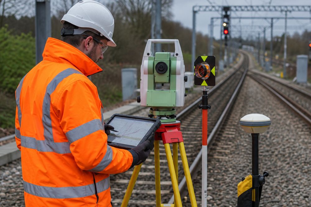 Railway surveyor in high-visibility PPE measuring track geometry with professional surveying equipment beside a UK railway line