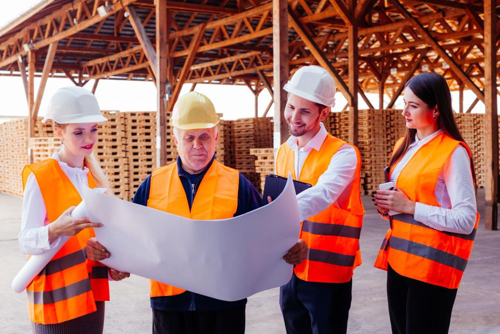 Recruitment coordinator working with construction supervisors as skilled workers join multiple active UK construction projects, demonstrating flexible workforce deployment and project continuity