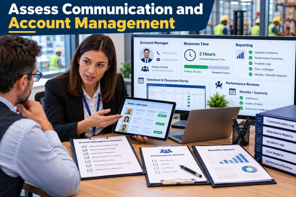 Labour hire account management showing response times, reporting, worker allocation, timesheet portal and performance reviews