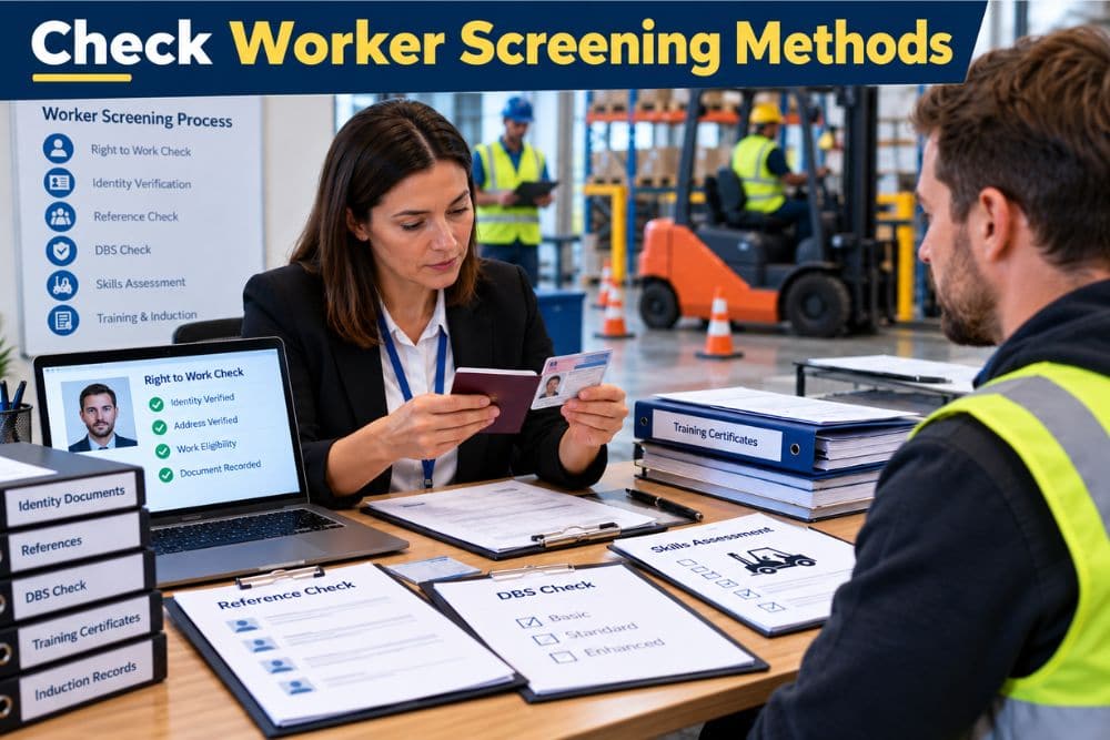 Labour hire worker screening process showing Right to Work checks, identity verification, references, DBS checks, skills assessment and training records