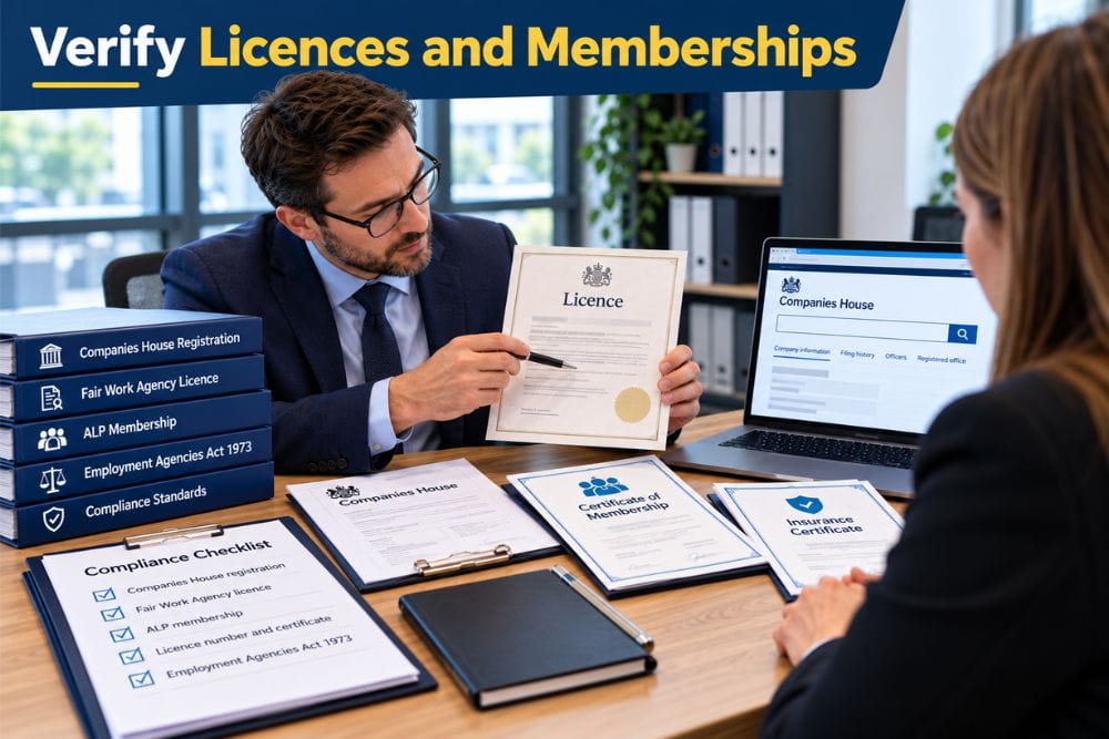 Business professionals verifying labour hire provider licences, Companies House registration, ALP membership and compliance documents