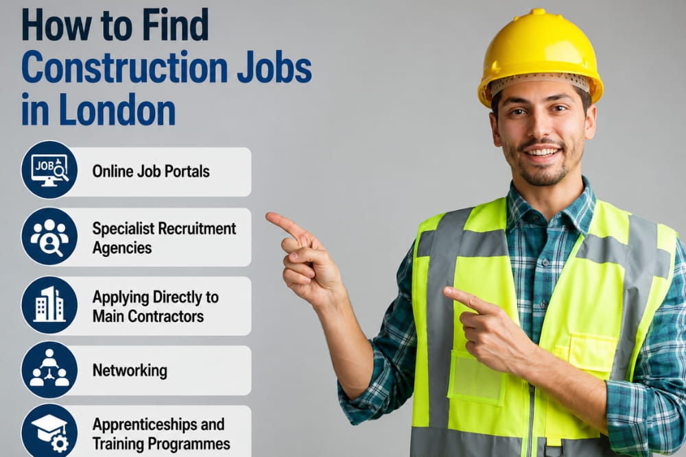 Yellow-hatted worker demonstrates how to find construction jobs in London through networking and agencies
