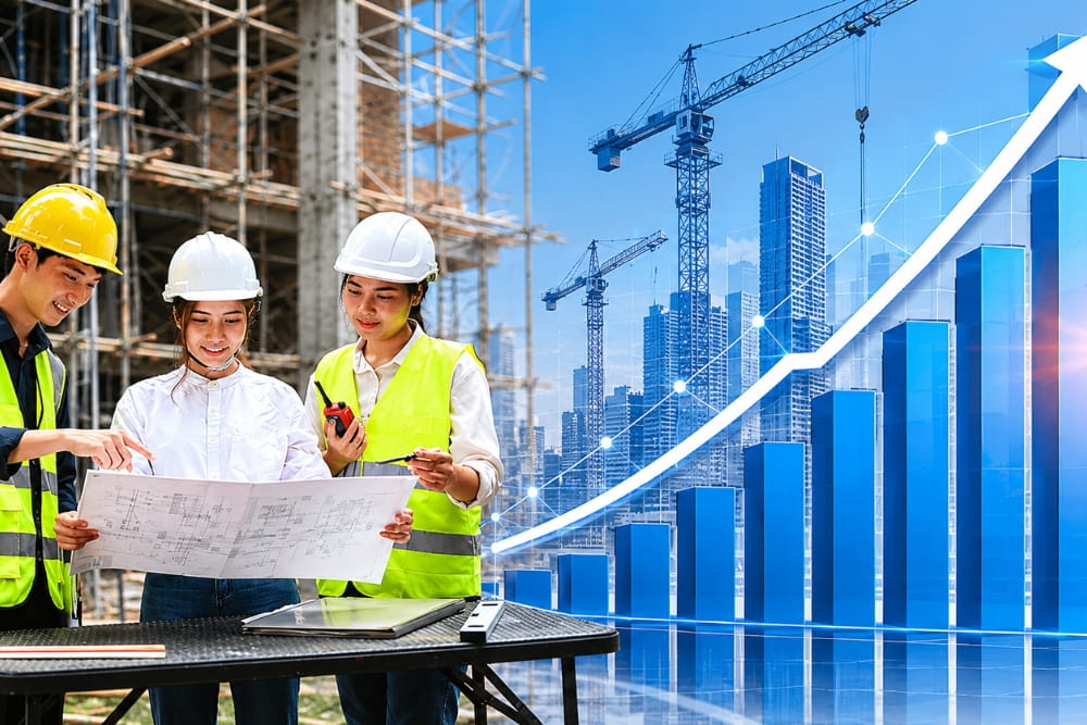 Engineers review blueprints beside a rising growth chart for the London construction industry growing