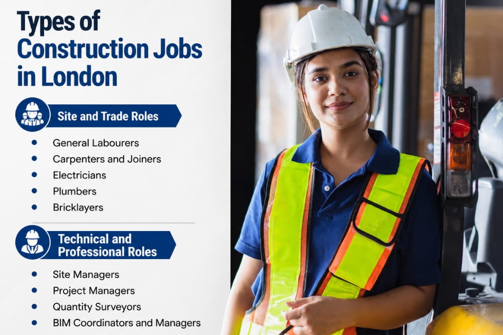 Construction professional presents technical and trade types of construction jobs in London roles