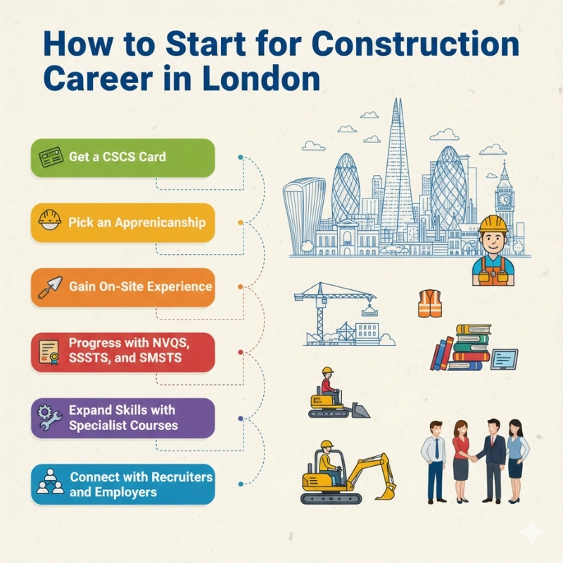 Illustration detailing six steps to start a construction career in London, including getting a CSCS card and pursuing an apprenticeshi