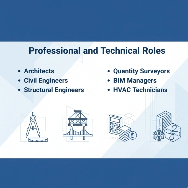 Illustration of professional and technical construction careers: Architects, Civil Engineers, Quantity Surveyors, BIM Managers, and HVAC Technicians
