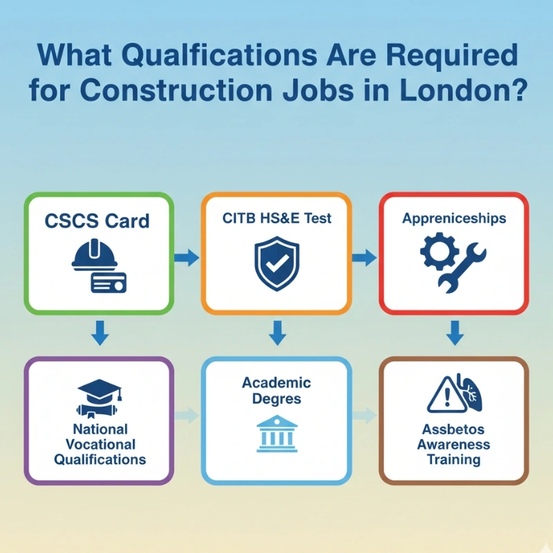 Flowchart illustrating required qualifications for construction jobs in London: CSCS Card, CITB HS&E Test, Apprenticeships, and NVQs