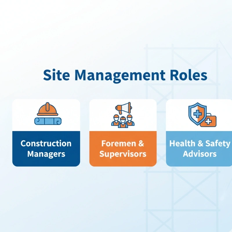 An illustration of essential construction industry site management roles: Construction Managers, Foremen & Supervisors, and Health & Safety Advisors