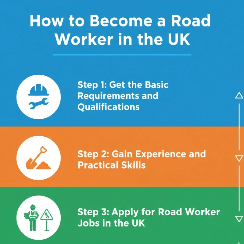 Infographic outlines three steps to start a construction career as a road worker in the UK, including qualifications and job applications