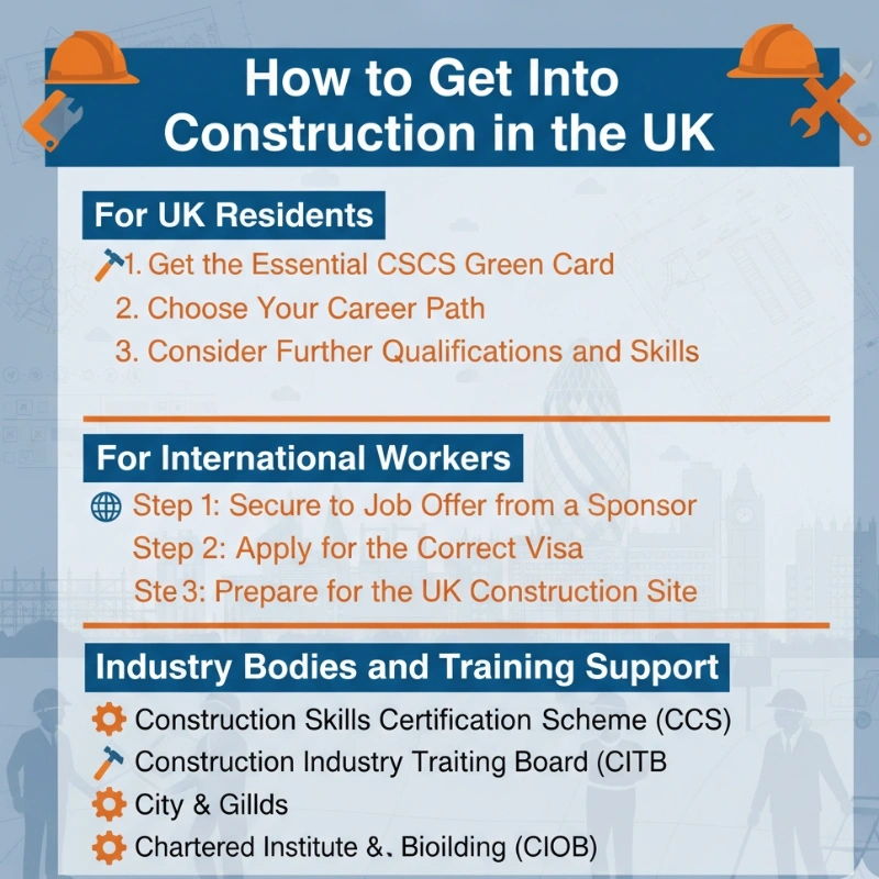 Infographic detailing three steps for UK residents and three steps for international workers to start a construction career in the UK