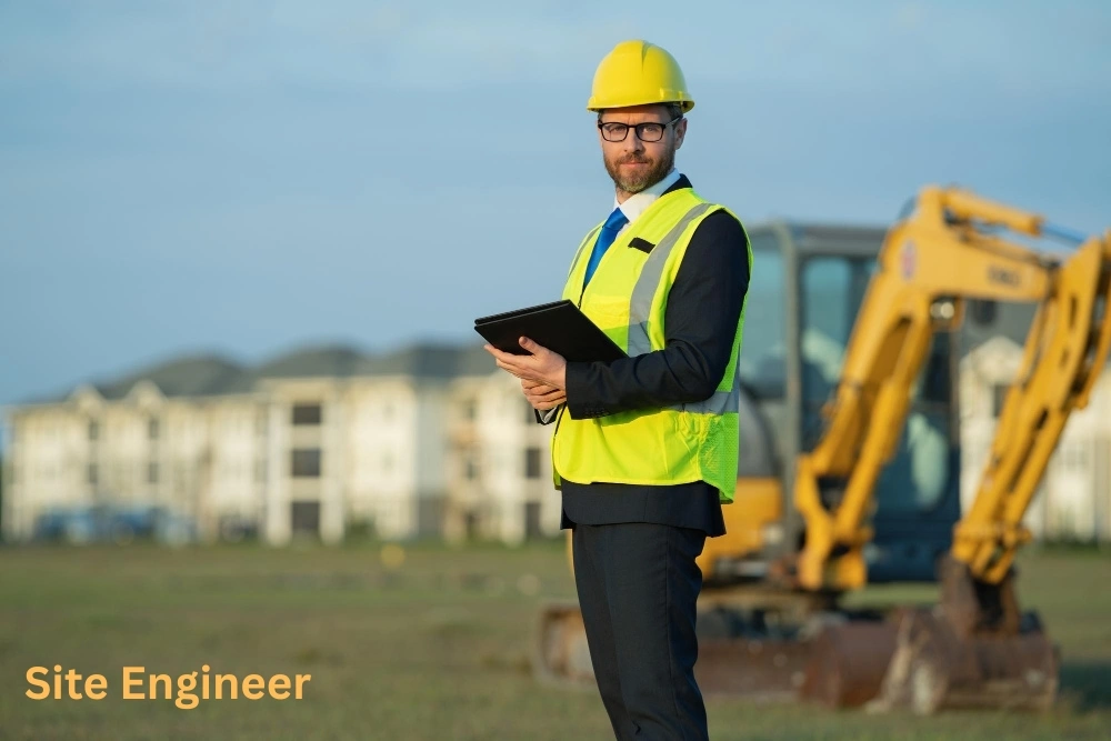 Site engineer in a hi-vis vest and hard hat holds a tablet on a residential construction site with an excavator