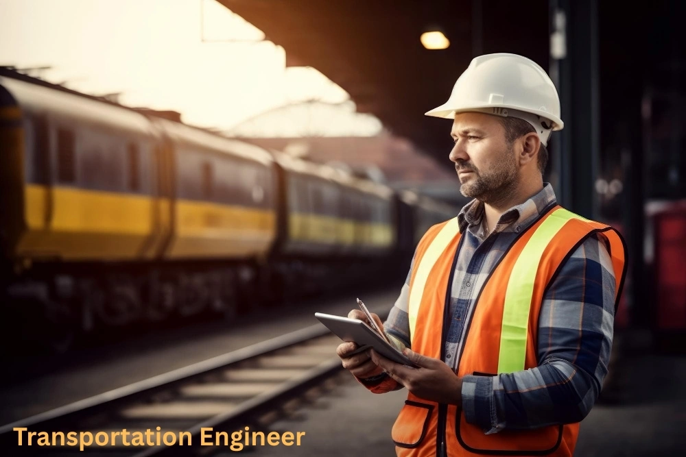 Transportation engineer in a white hard hat and orange safety vest reviews a digital tablet near a yellow passenger train on the tracks
