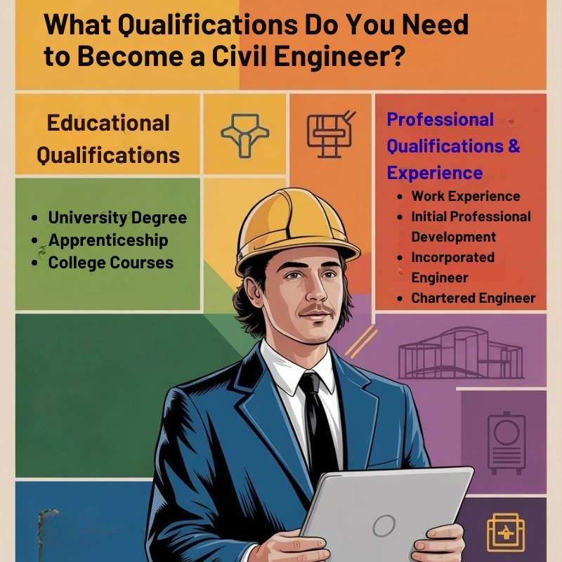 Civil Engineer in a hard hat and suit with a tablet, illustrating the educational and professional qualifications needed