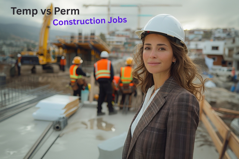 Professional woman wearing hard hat at active construction job site