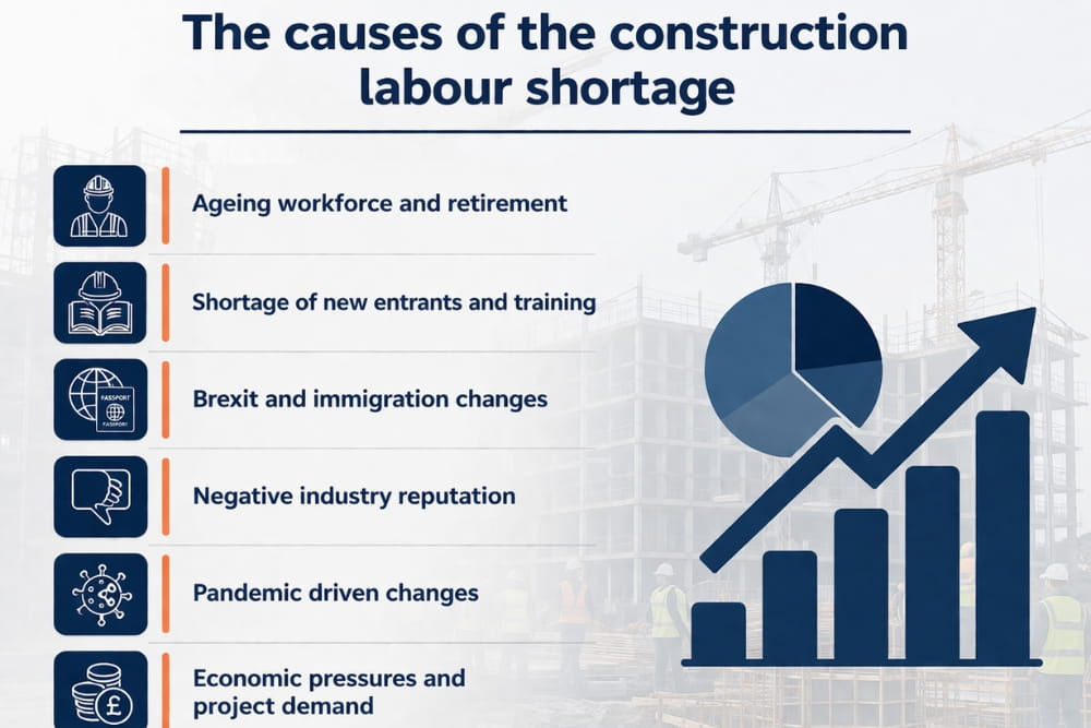 Diagram showing construction labour shortage causes including Brexit and economic pressures