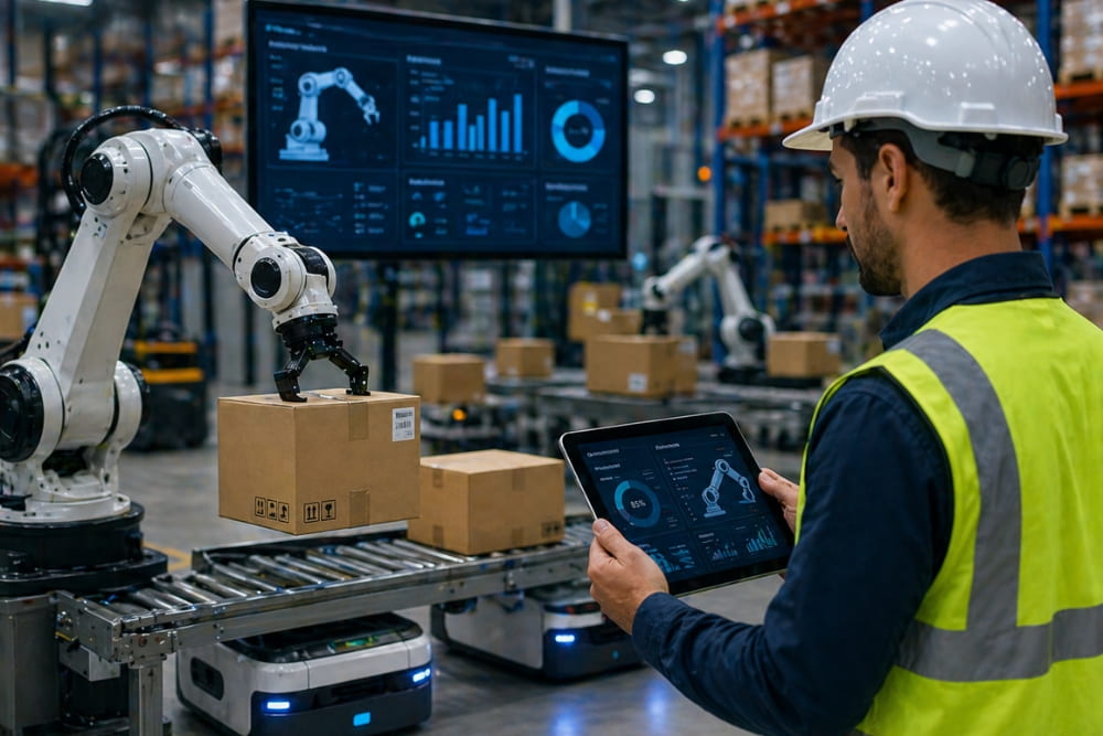 Worker monitors warehouse robots to embrace automation and technology for solve labour shortages
