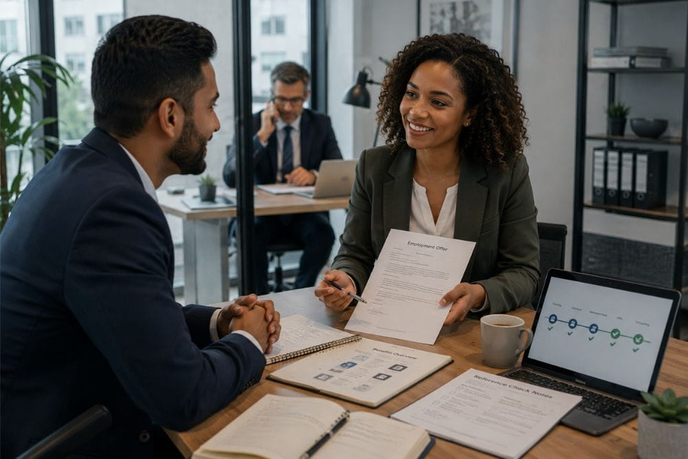 Recruiter discussing an employment offer, benefits and reference checks with a successful candidate