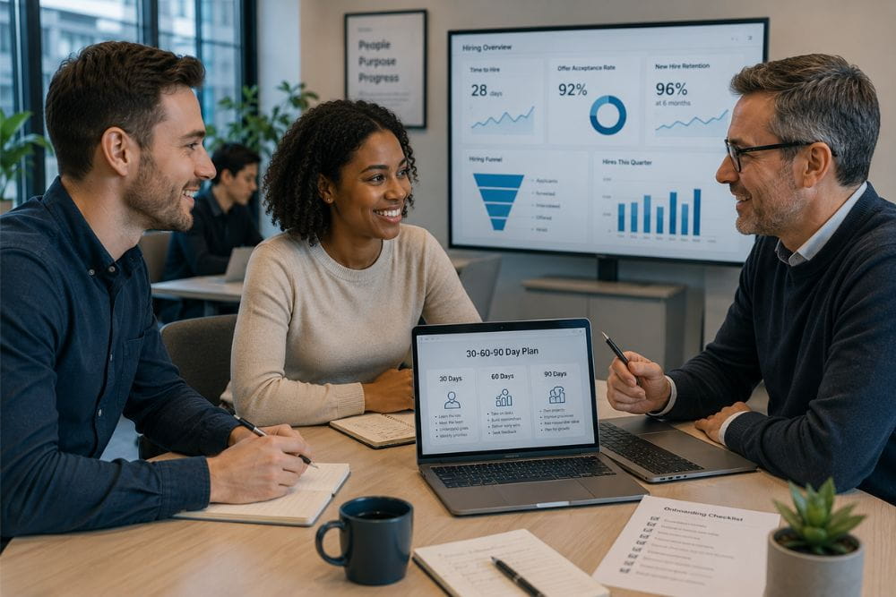New employee discussing an onboarding plan and recruitment performance metrics with colleagues