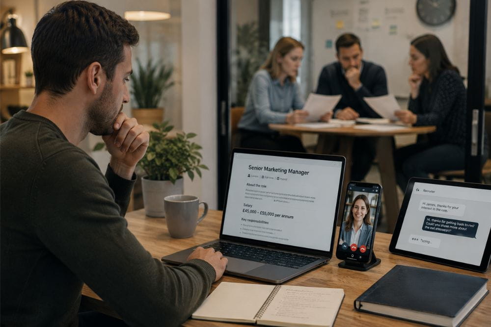 Job candidate reviewing a salary range on a laptop while communicating with a recruiter during the hiring process