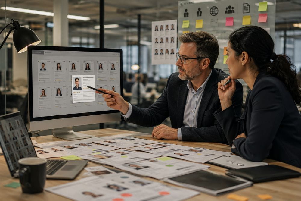 Hiring manager and recruiter reviewing diverse candidate profiles while assessing a broader talent pool