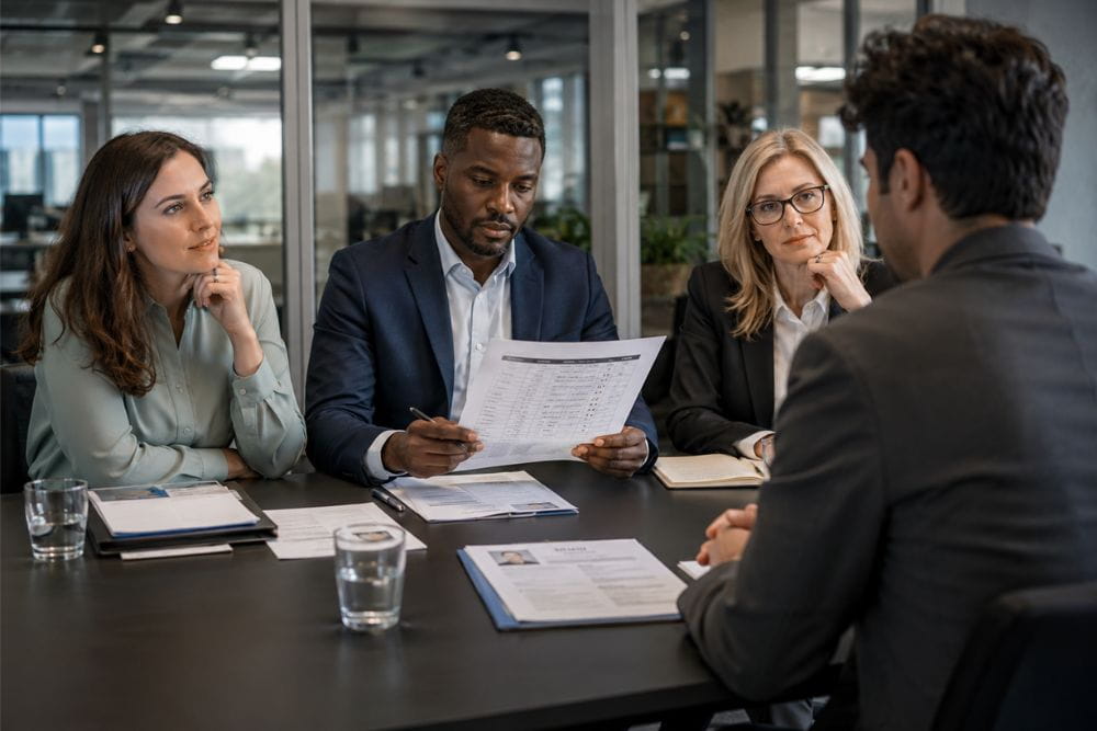 Recruitment panel conducting a structured interview while assessing candidate skills and experience against defined criteria